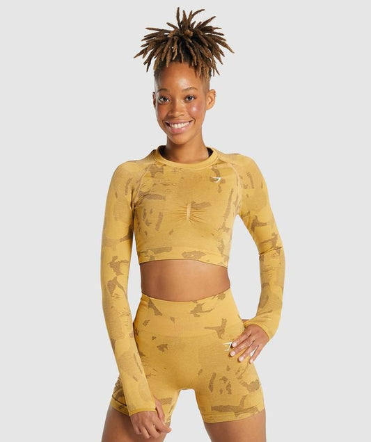GYMSHARK ADAPT CAMO SEAMLESS YELLOW LEGGINGS + CROP TOP SET KOMPLEKTAS