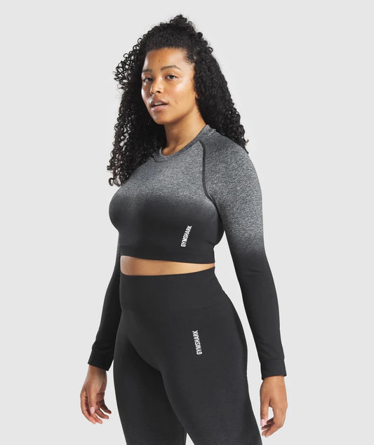 GYMSHARK ADAPT OMBRE SEAMLESS LONG SLEEVE CROP TOP BLACK/GREY SPORTINĖ PALAIDINĖ