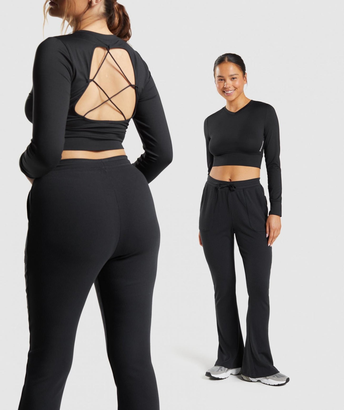 GYMSHARK PAUSE OPEN BACK LONG SLEEVE CROP TOP BLACK SPORTINĖ PALAIDINĖ