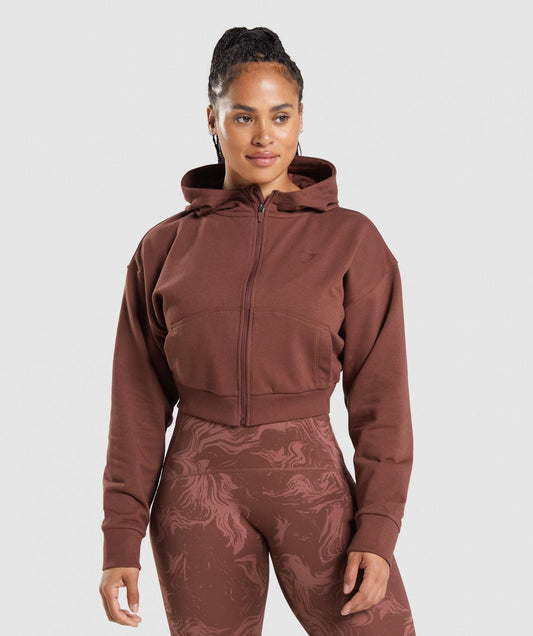 GYMSHARK GS POWER CROPPED ZIP HOODIE BROWN DŽEMPERIS