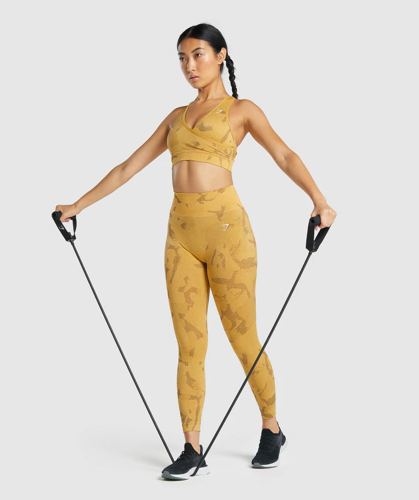 GYMSHARK ADAPT CAMO SEAMLESS YELLOW LEGGINGS + BRA SET KOMPLEKTAS