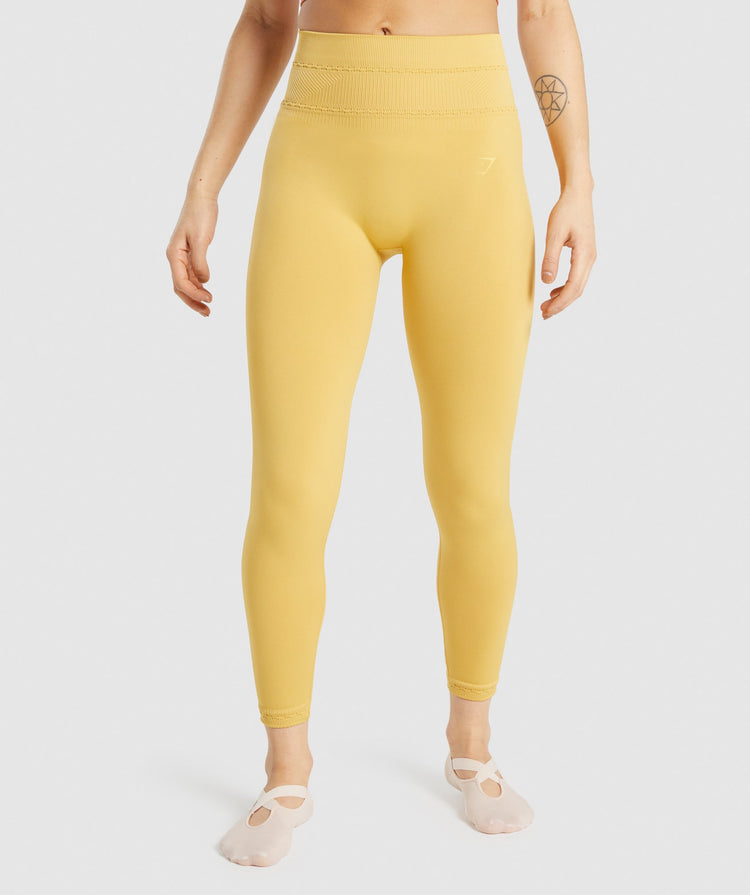 GYMSHARK STUDIO SEAMLESS YELLOW LEGGINGS + BRA SET KOMPLEKTAS