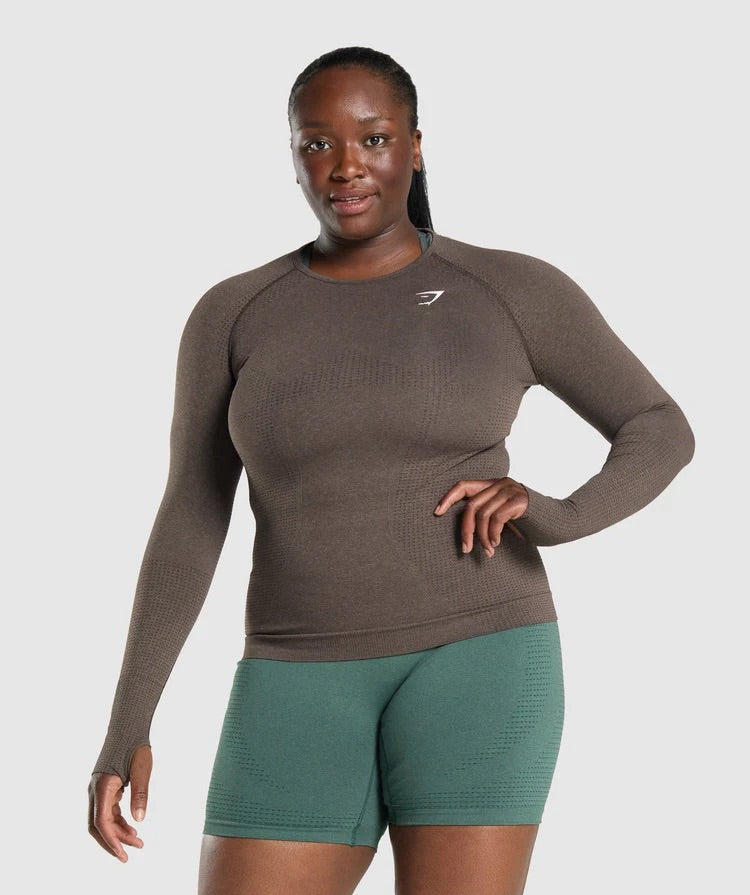 GYMSHARK VITAL SEAMLESS LONG SLEEVE TOP BROWN MARL SPORTINĖ PALAIDINĖ