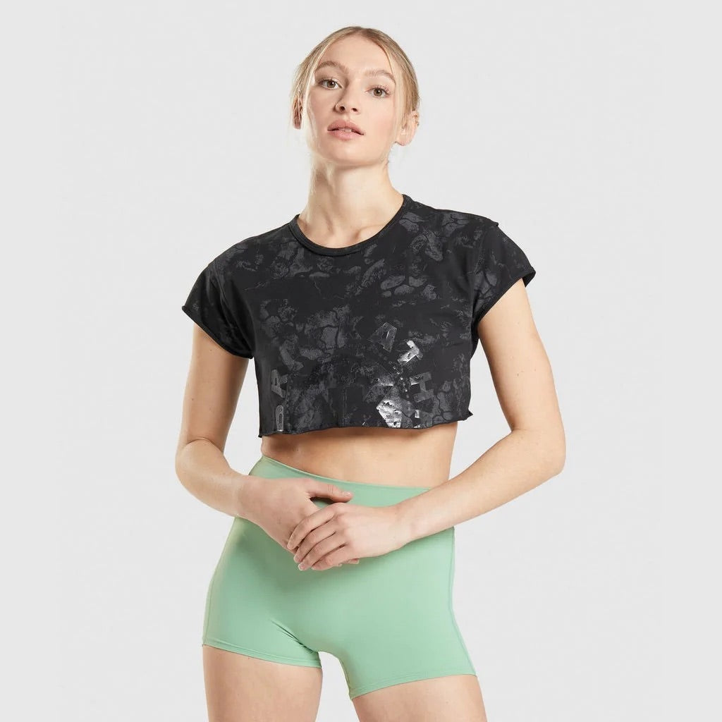 GYMSHARK KK FIT RAW CROP TOP BLACK CAMO PRINT SPORTINĖ PALAIDINĖ