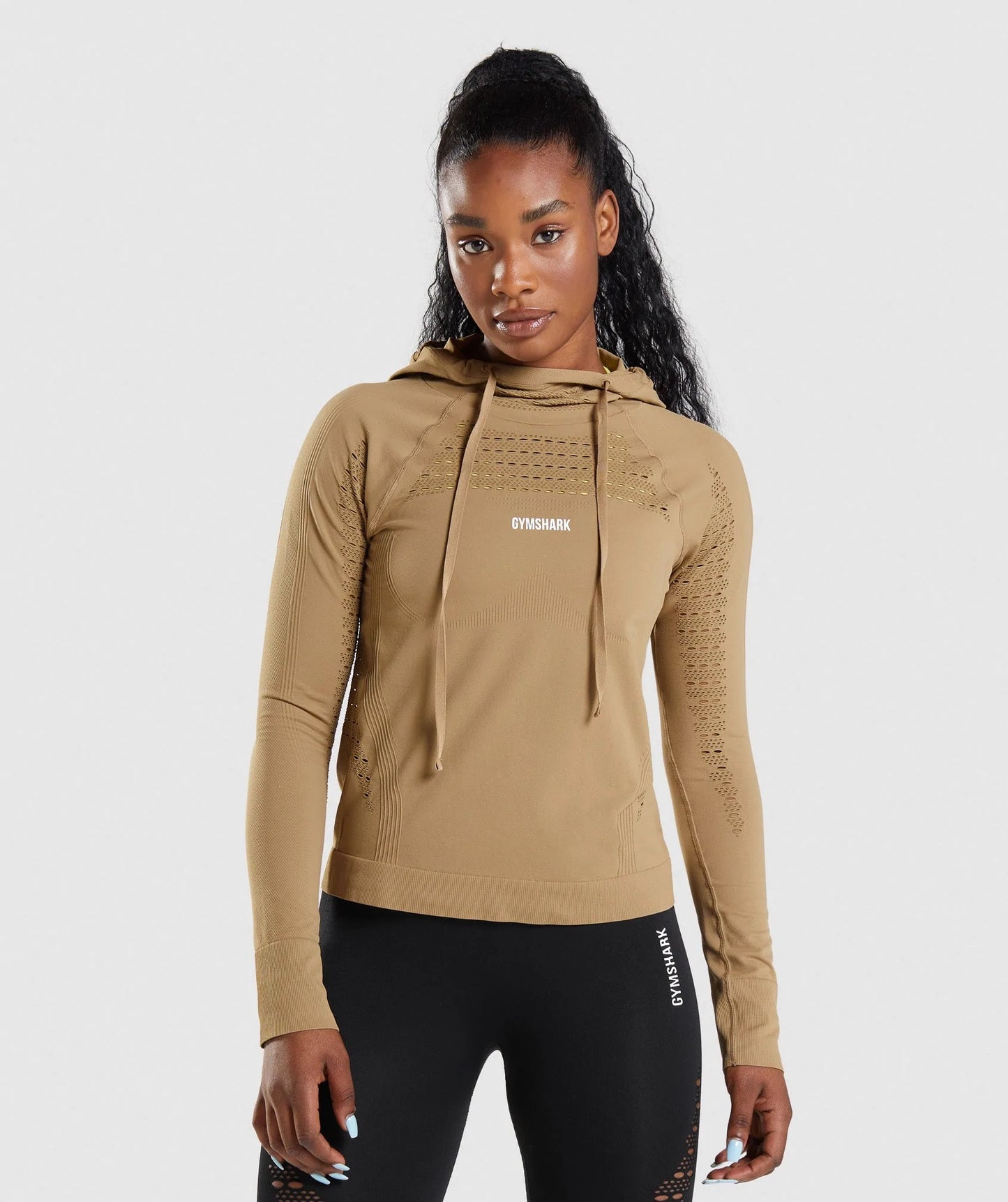 GYMSHARK ENERGY SEAMLESS HOODIE BISCOTTI BROWN SPORTINĖ PALAIDINĖ