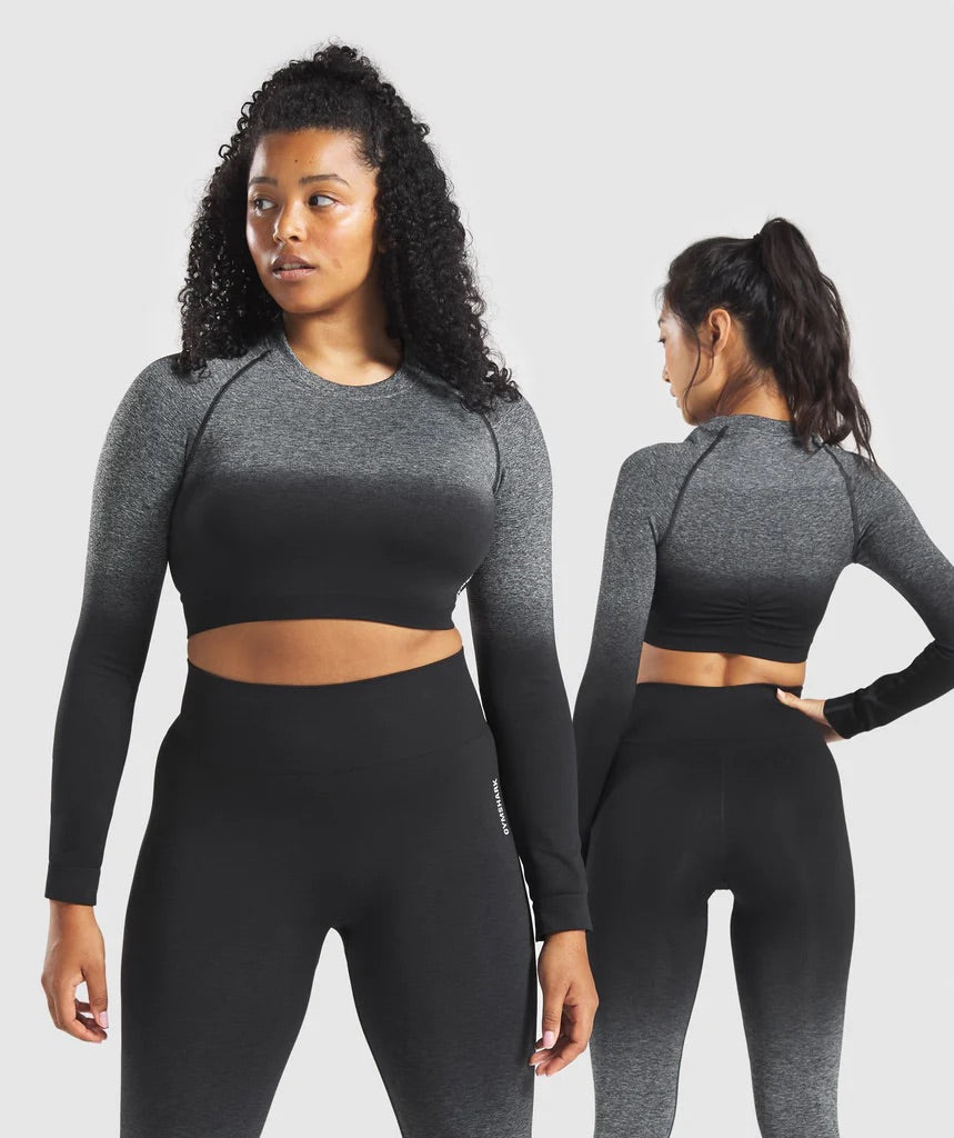 GYMSHARK ADAPT OMBRE SEAMLESS LONG SLEEVE CROP TOP BLACK/GREY SPORTINĖ PALAIDINĖ