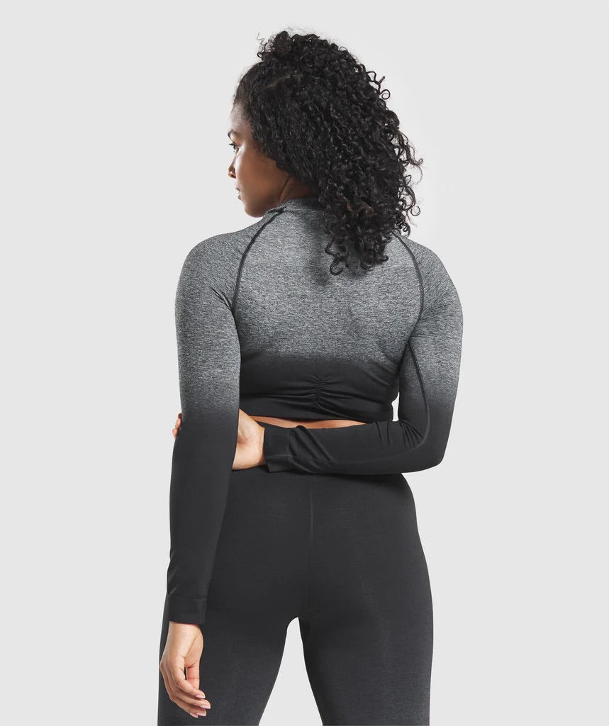 GYMSHARK ADAPT OMBRE SEAMLESS LONG SLEEVE CROP TOP BLACK/GREY SPORTINĖ PALAIDINĖ