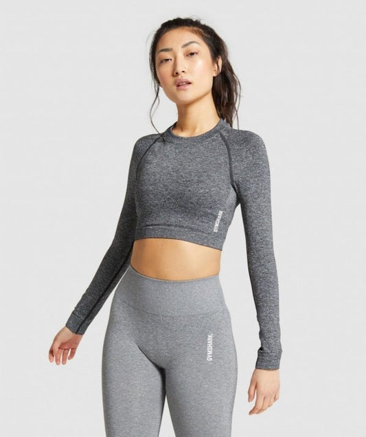 GYMSHARK ADAPT MARL SEAMLESS LONG SLEEVE CROP TOP BLACK SPORTINĖ PALAIDINĖ