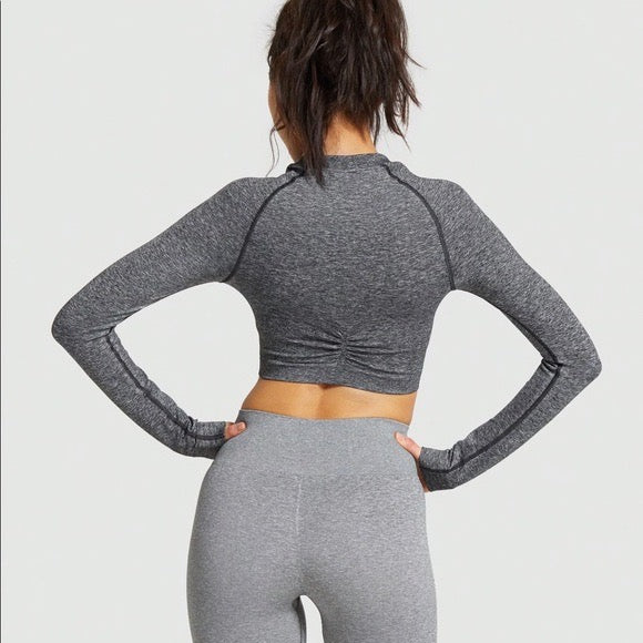 GYMSHARK ADAPT MARL SEAMLESS LONG SLEEVE CROP TOP BLACK SPORTINĖ PALAIDINĖ