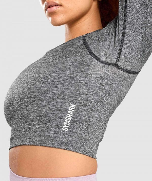 GYMSHARK ADAPT MARL SEAMLESS LONG SLEEVE CROP TOP BLACK SPORTINĖ PALAIDINĖ