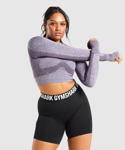 GYMSHARK FLEX SPORTS LONG SLEEVE CROP TOP PURPLE MARL SPORTINĖ PALAIDINĖ