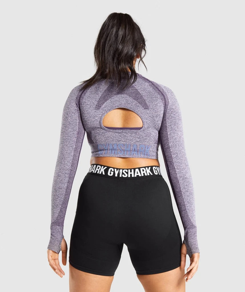 GYMSHARK FLEX SPORTS LONG SLEEVE CROP TOP PURPLE MARL SPORTINĖ PALAIDINĖ