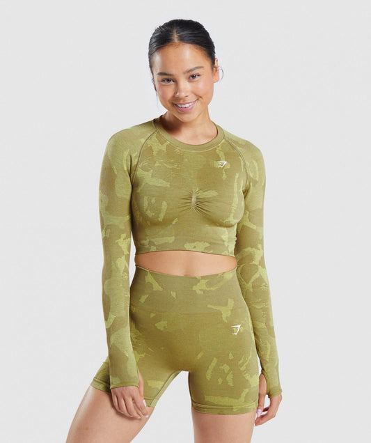 GYMSHARK ADAPT CAMO SEAMLESS LONG SLEEVE CROP TOP MUSTARD SPORTINĖ PALAIDINĖ