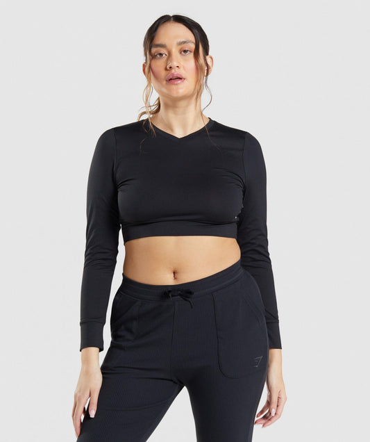 GYMSHARK PAUSE OPEN BACK LONG SLEEVE CROP TOP BLACK SPORTINĖ PALAIDINĖ