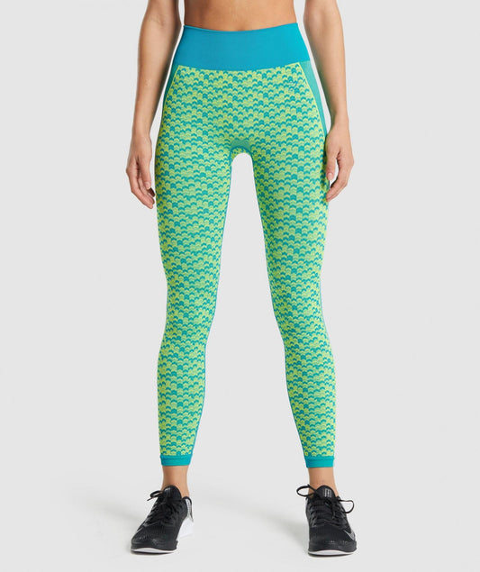 GYMSHARK WTFLEX SEAMLESS HIGH WAISTED BLUE/NEON GREEN TAMPRĖS