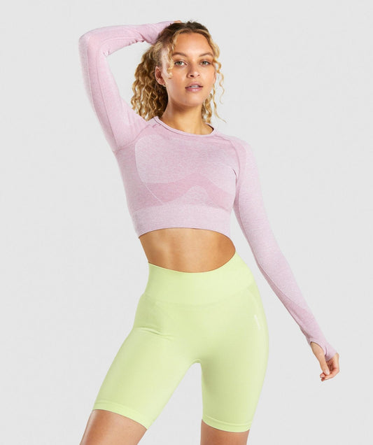 GYMSHARK FLEX SPORTS LONG SLEEVE CROP TOP PINK MARL SPORTINĖ PALAIDINĖ