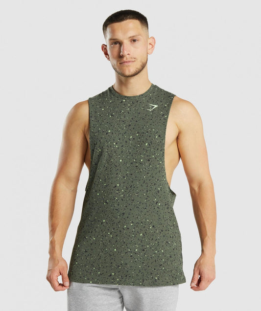 GYMSHARK MICRO PRINT DROP ARM TANK DARK GREEN PRINT SPORTINĖ PALAIDINĖ