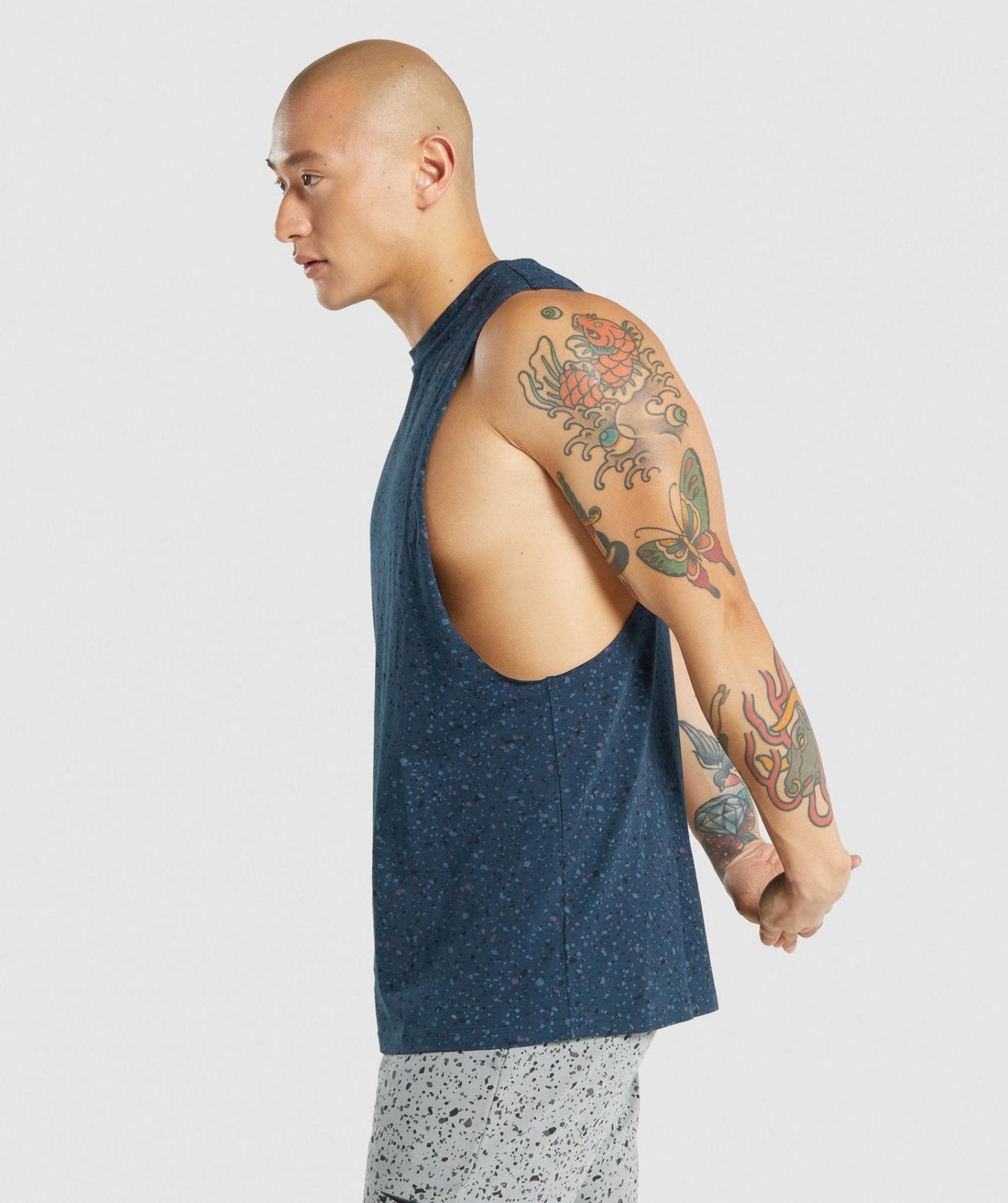 GYMSHARK MICRO PRINT DROP ARM TANK NAVY BLUE PRINT SPORTINĖ PALAIDINĖ